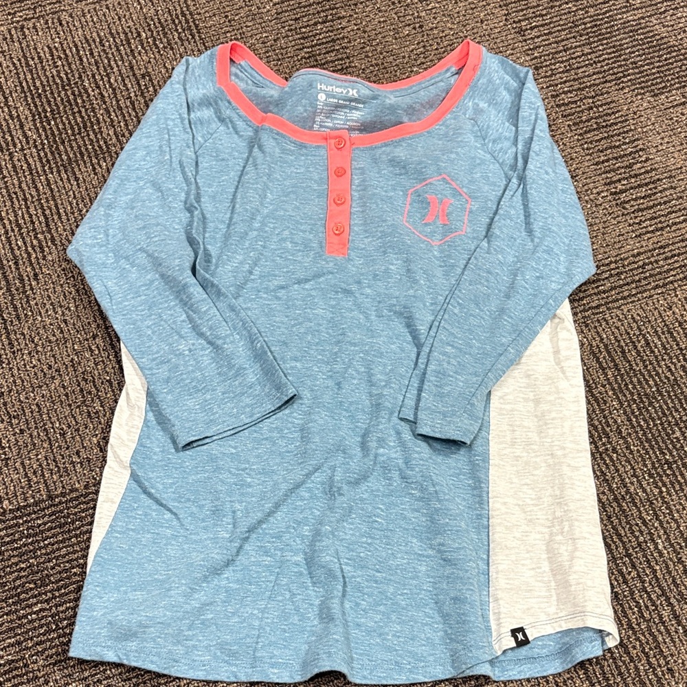 Hurley Blue and Gray Long Sleeve Tee with Red Accents